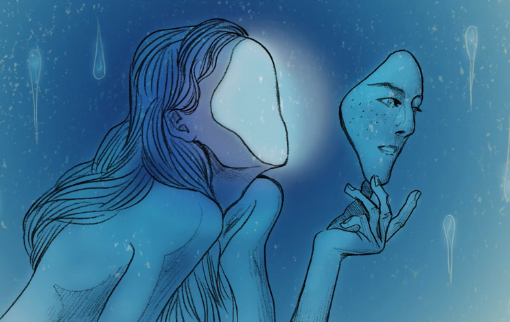 A colored drawing of a woman removing her face as though it were mask, revealing white light.